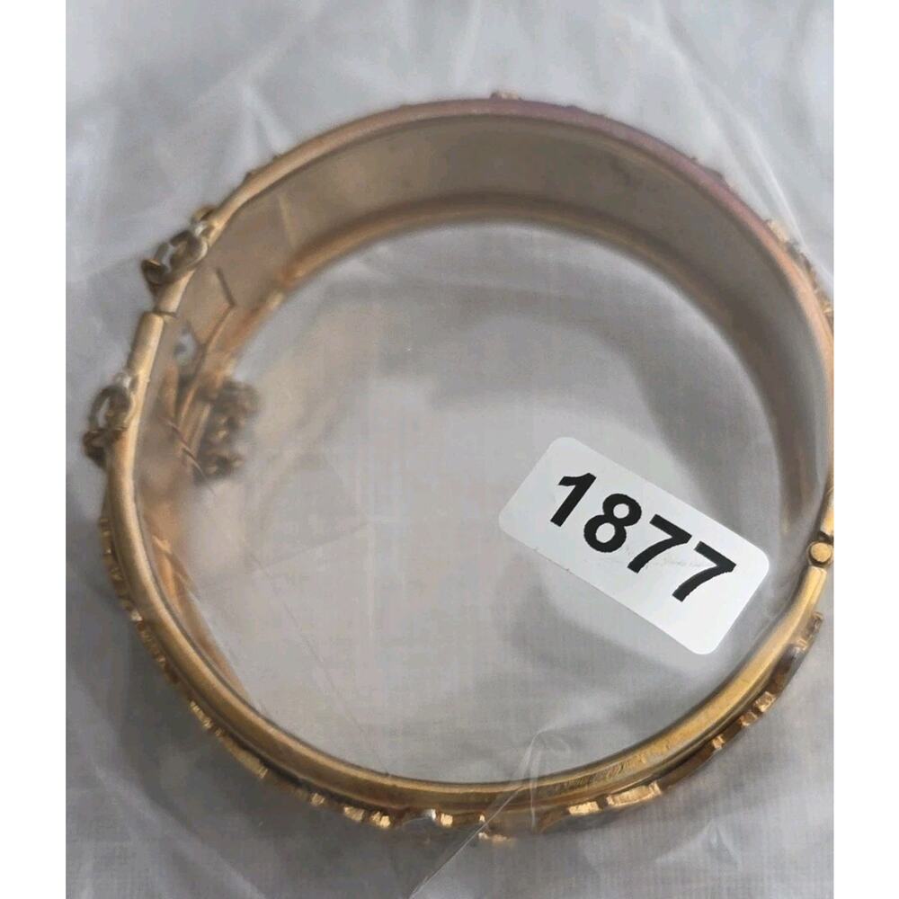 Gold Tone Hinged Bangle Bracelet With Cloisonné Butterflies & Safety Chain - Picture 12 of 12